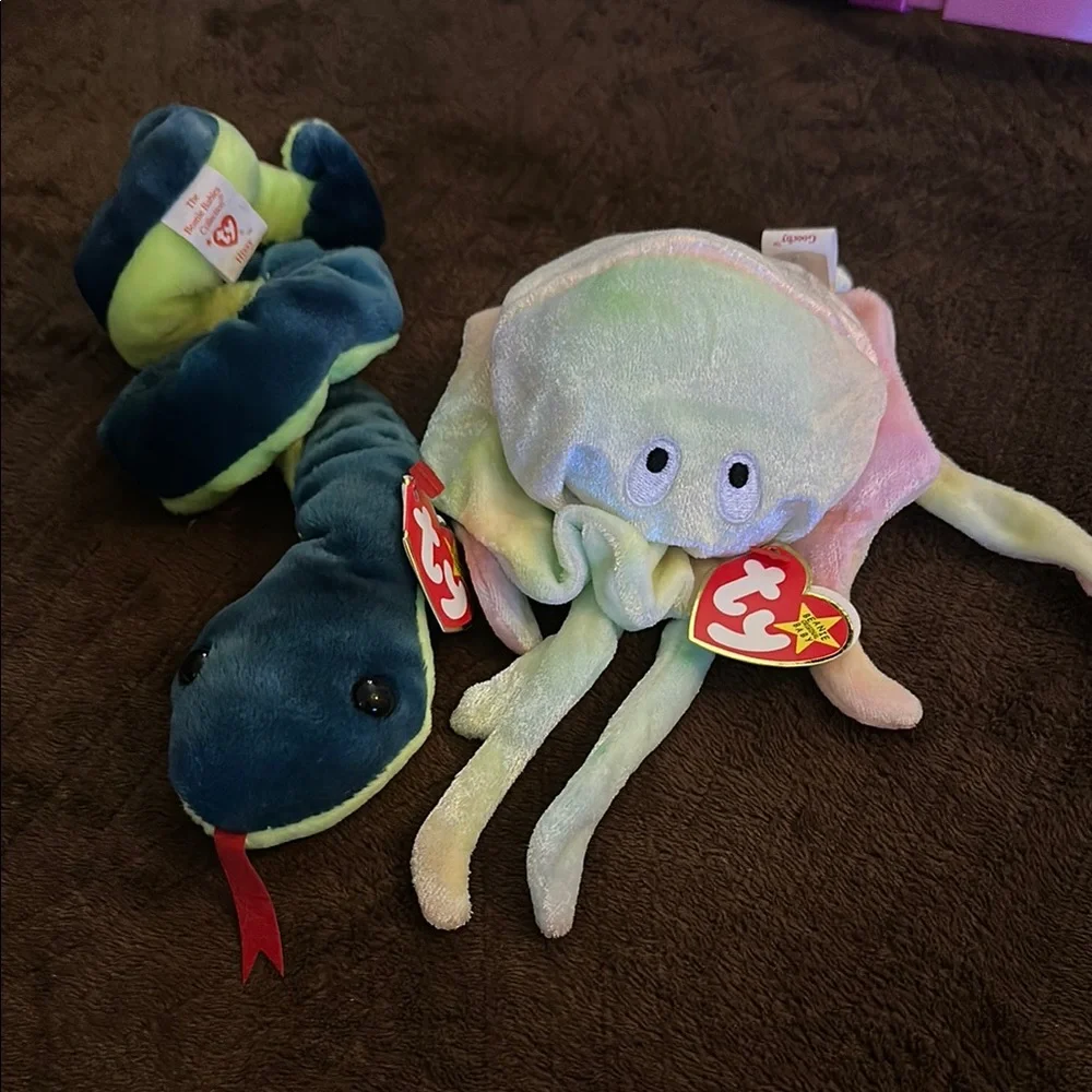 Ty Beanie Babies Blue Snake and Pastel Jellyfish Plush - Picture 1 of 1